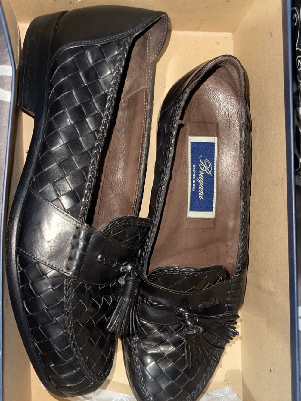 Bergamo Black Woven Leather Tassel Loafers for Women